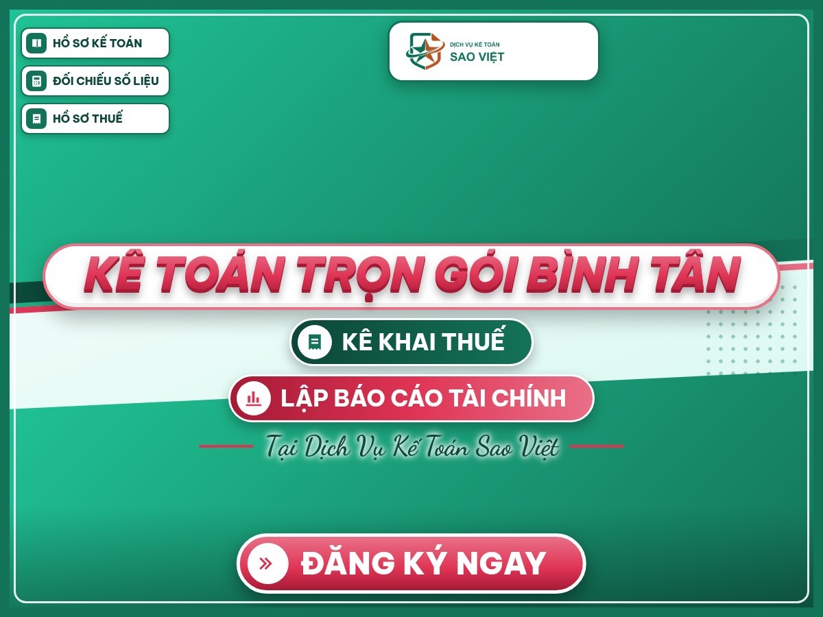 Poster “Kế toán trọn gói Bình Tân” trên nền thương hiệu Sao Việt, giới thiệu dịch vụ kế toán trọn gói Bình Tân.